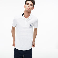 Mens Slim Fit Lettering Stretch Mini Piqué Polo | Lacoste White / Navy Blue • 522