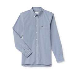 Mens Slim Fit Gingham Stretch Cotton Poplin Shirt | Lacoste Blue / White • 2Ad