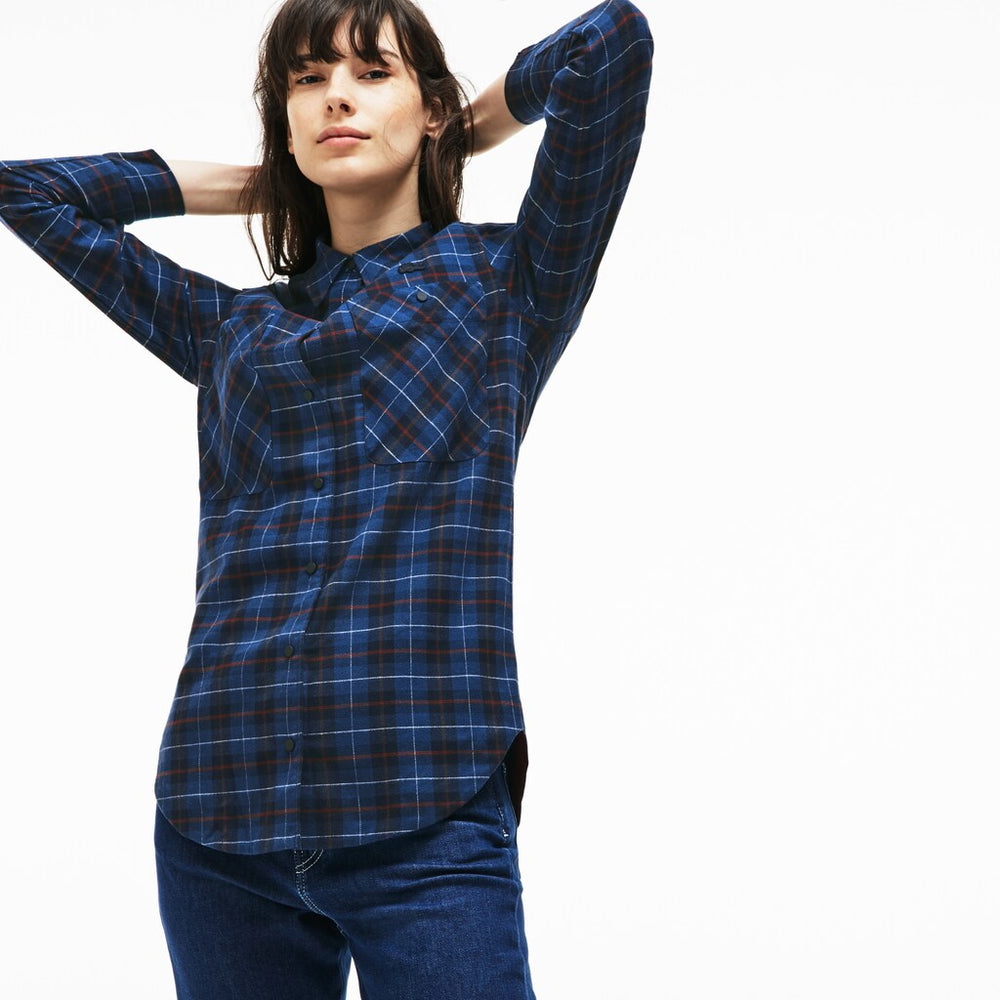 Womens Wo Slim Fit Stretch Check Cotton Canvas Shirt | Lacoste Navy Blue / Blue • Bz9