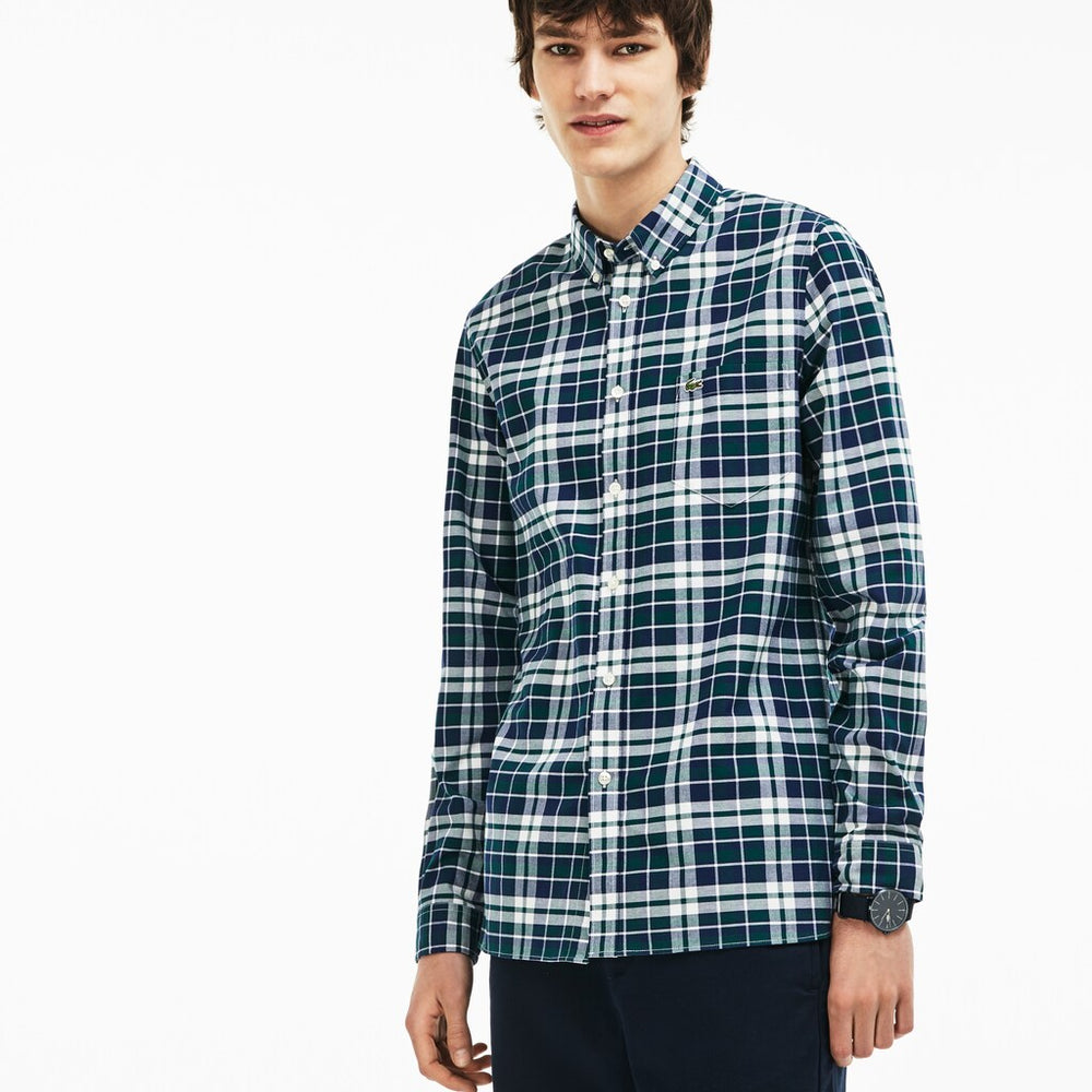 Mens Slim Fit Check Stretch Oxford Cotton Shirt | Lacoste Green • E76