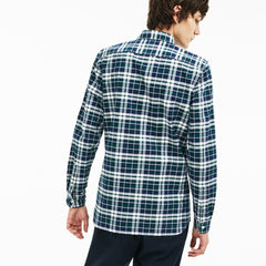 Mens Slim Fit Check Stretch Oxford Cotton Shirt | Lacoste Green • E76