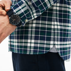 Mens Slim Fit Check Stretch Oxford Cotton Shirt | Lacoste Green • E76