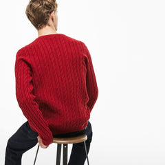 Mens Crew Neck Wool Cable Knit Effect Sweater | Lacoste Red • Eu7