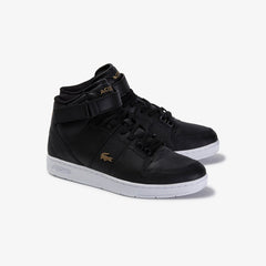 Mens Tramline Mid Perforated Leather Sneakers | Lacoste Black/White • 312