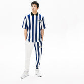 Mens LIVE Loose Fit Striped Cotton Piqué Polo Shirt | Lacoste White / Navy Blue / Black • Wh5