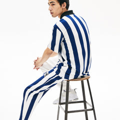 Mens LIVE Loose Fit Striped Cotton Piqué Polo Shirt | Lacoste White / Navy Blue / Black • Wh5