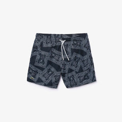 Mens Postcard Print Quick-Dry Swim Trunks | Lacoste Navy Blue / White • X31