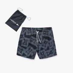 Mens Postcard Print Quick-Dry Swim Trunks | Lacoste Navy Blue / White • X31