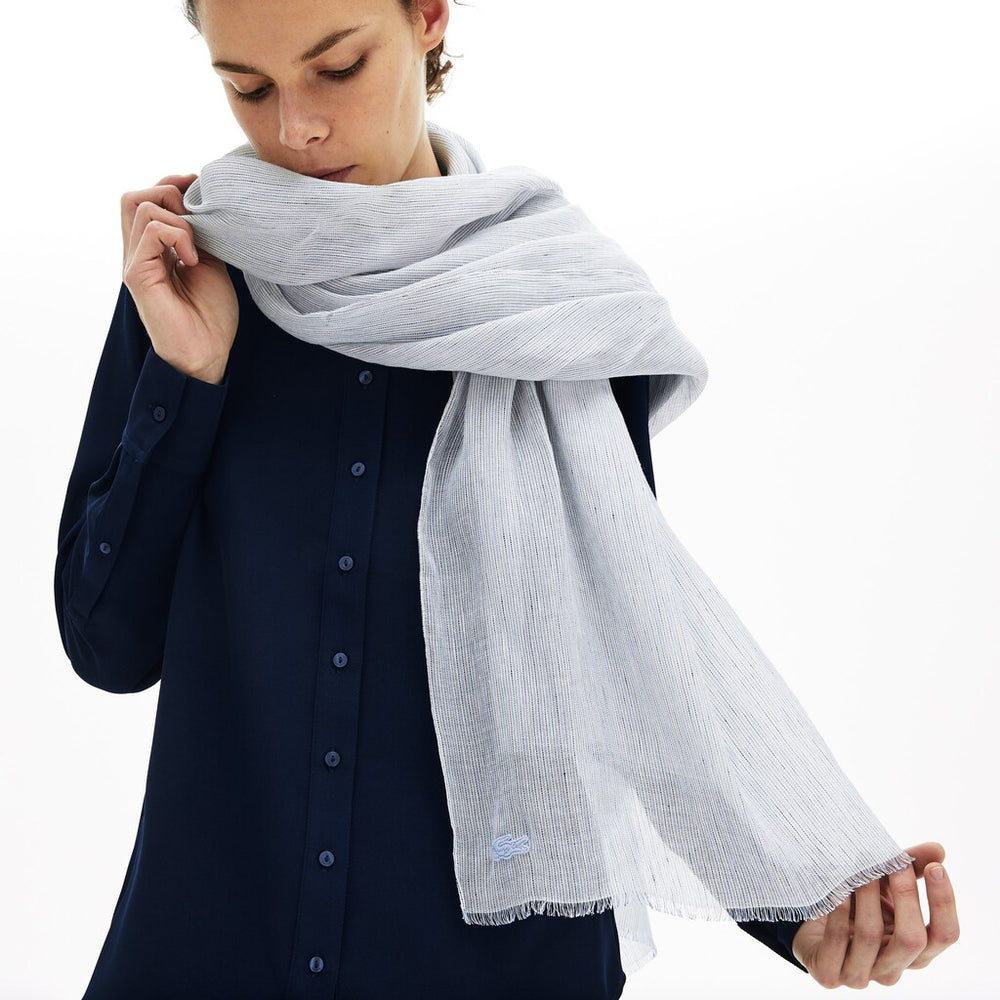 Mens Wo Pinstriped Cotton-Linen Scarf | Lacoste Light Blue / White / Navy Blue • U14