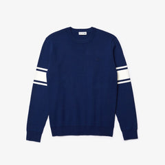 Mens Striped Sleeves Cotton And Linen Blend Crew Neck Sweater | Lacoste Navy Blue / White • Ru0
