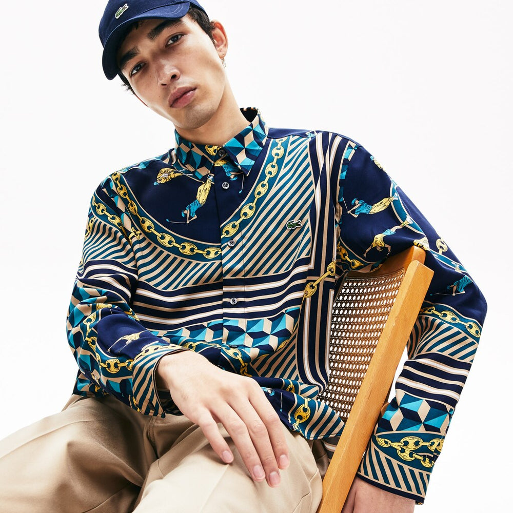 Mens LIVE Relaxed Fit Scarf-Print Shirt | Lacoste Navy Blue / White • Qrn