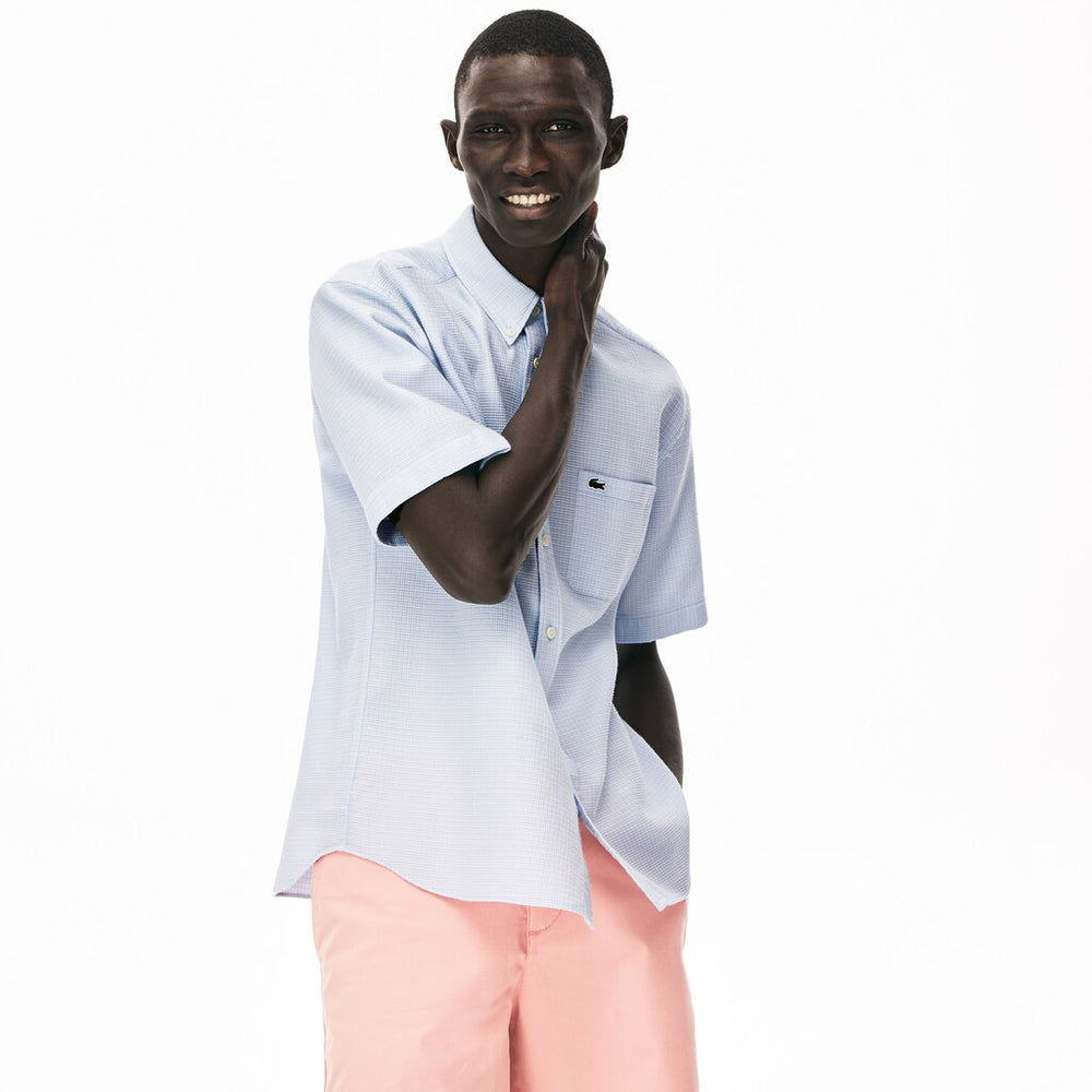 Mens Short-Sleeved Lightweight Cotton Shirt | Lacoste Light Blue / White • S14