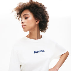 Womens Wo Signature Printed Crew Neck Cotton T-shirt | Lacoste White / Navy Blue • Bed