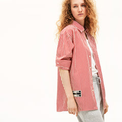 Mens/Womens Unisex LIVE Boxy-Fit Striped Cotton Shirt | Lacoste White / Red • Xg4