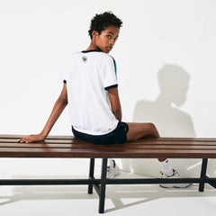 Womens Wo SPORT Roland Garros Stretch Cotton T-Shirt | Lacoste White / Turquoise / Navy Blue • Yru