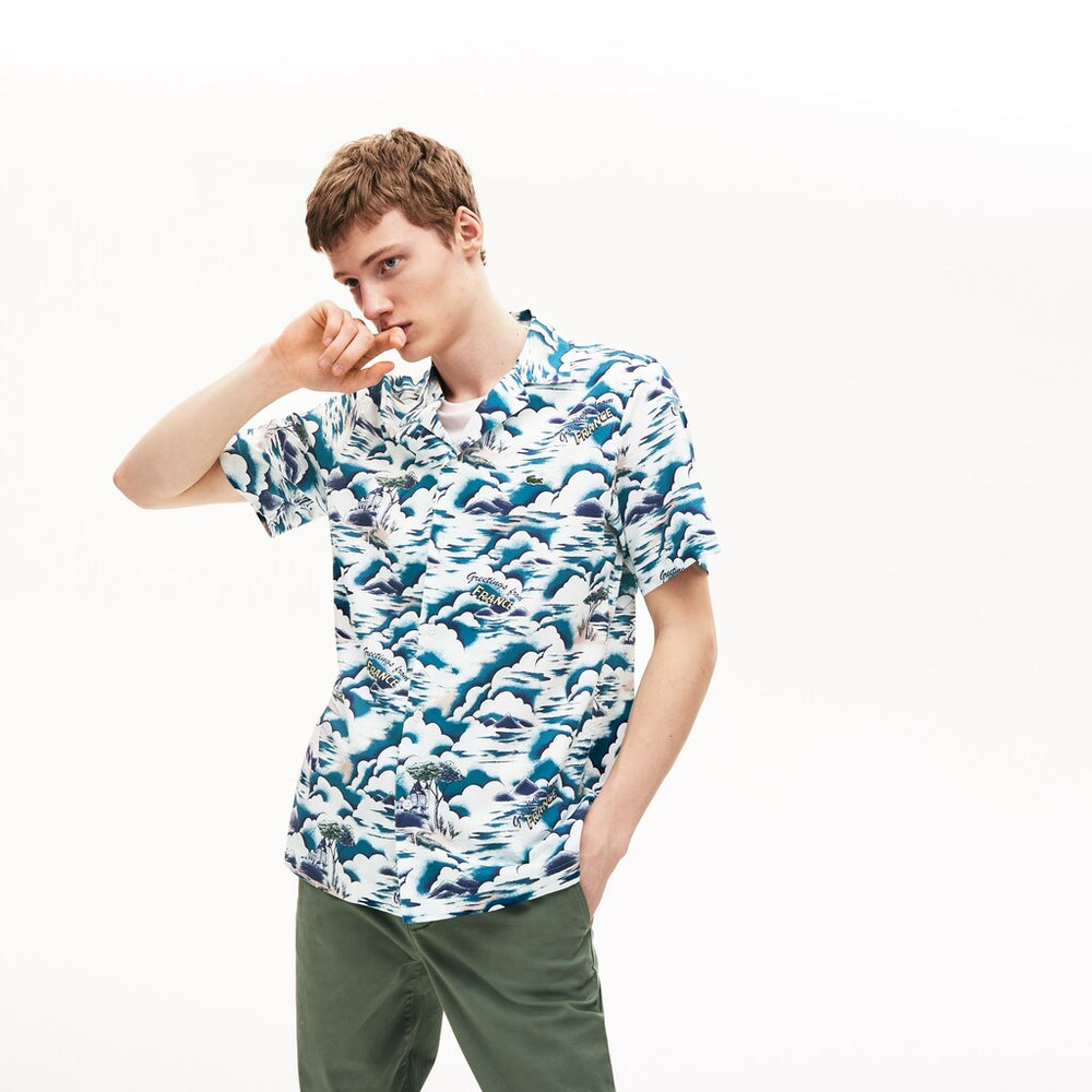 Mens Southern France Print Cotton Hawaiian Fit Shirt | Lacoste Blue / Light Pink / White • Ruf