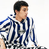 Mens LIVE Striped Fleece Hooded Sweatshirt | Lacoste White / Navy Blue • Qsf