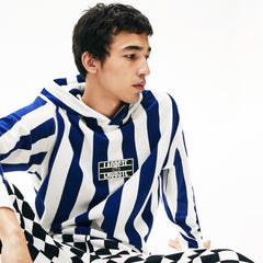 Mens LIVE Striped Fleece Hooded Sweatshirt | Lacoste White / Navy Blue • Qsf