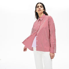 Womens Wo LIVE Boxy-Fit Striped Cotton Shirt | Lacoste White / Red • Xg4