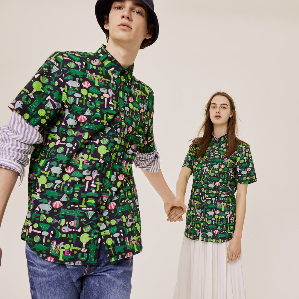 Mens/Womens Unisex Lacoste x Jeremyville Regular Fit Cotton Shirt | Lacoste Navy Blue / White • Qrn