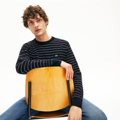 Mens Striped Textured Cotton Sweater | Lacoste Navy Blue / White • M5C