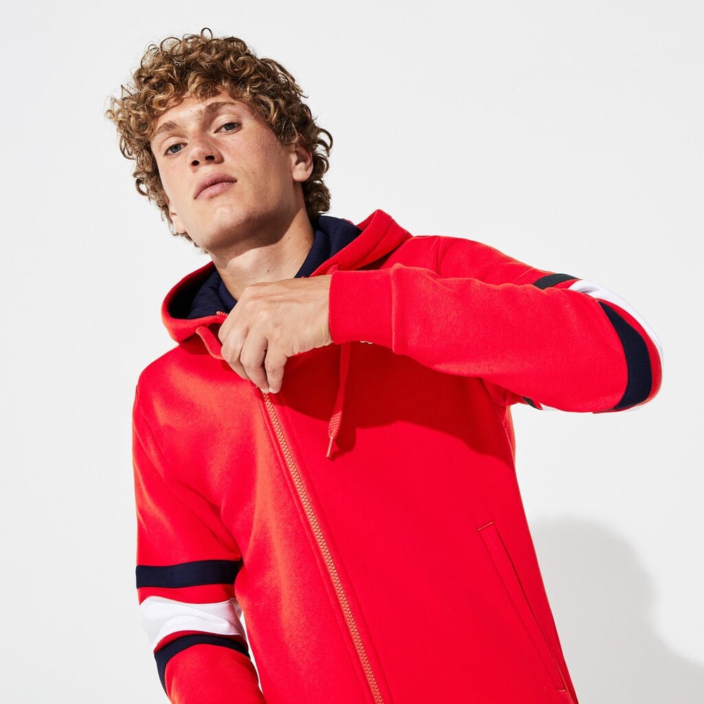 Mens SPORT Striped-Sleeve Hooded Zip Sweatshirt | Lacoste Red / White / Navy Blue • 1Mq