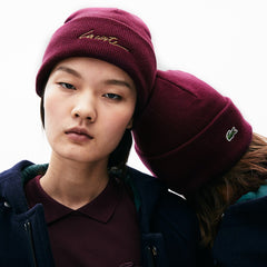 Mens Unisex LIVE Signature Embroidered Cashmere-Blend Beanie | Lacoste Bordeaux • F8J