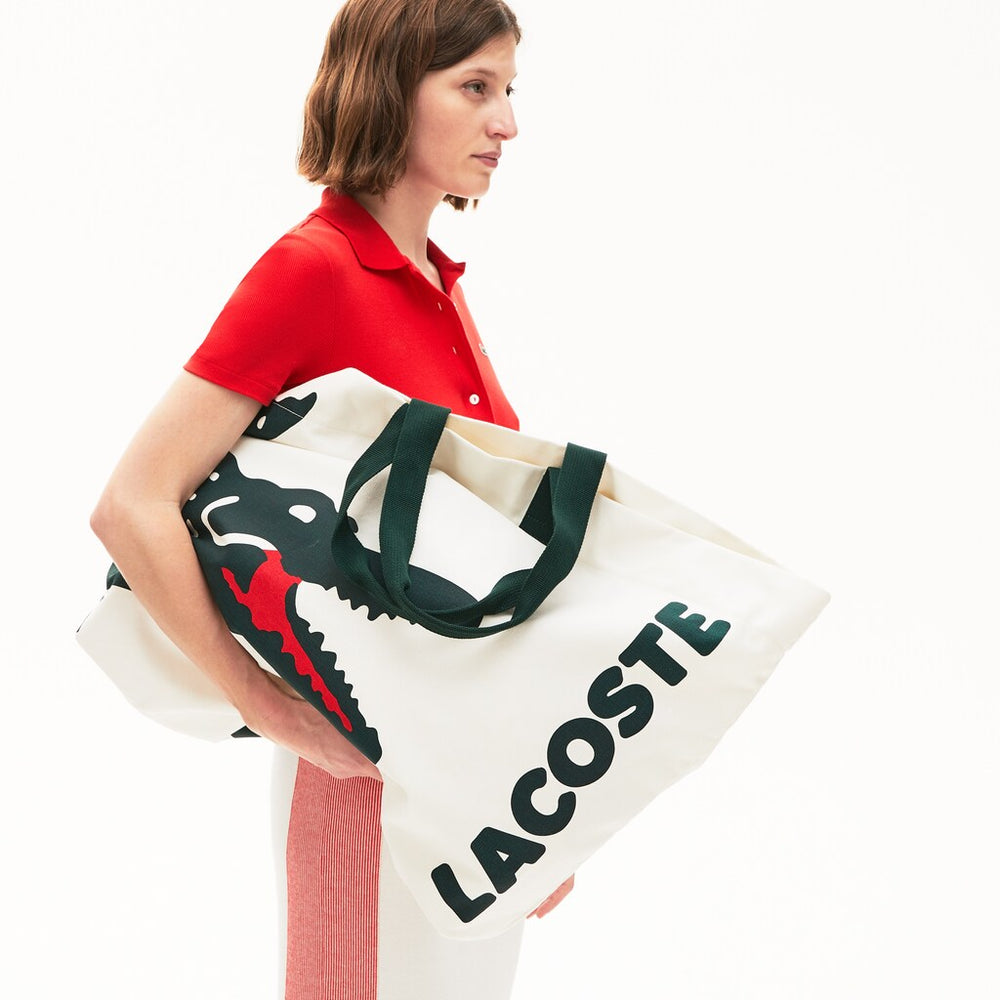 Womens Wo Oversized Crocodile Print Cotton Large Tote | Lacoste Beach White • D81