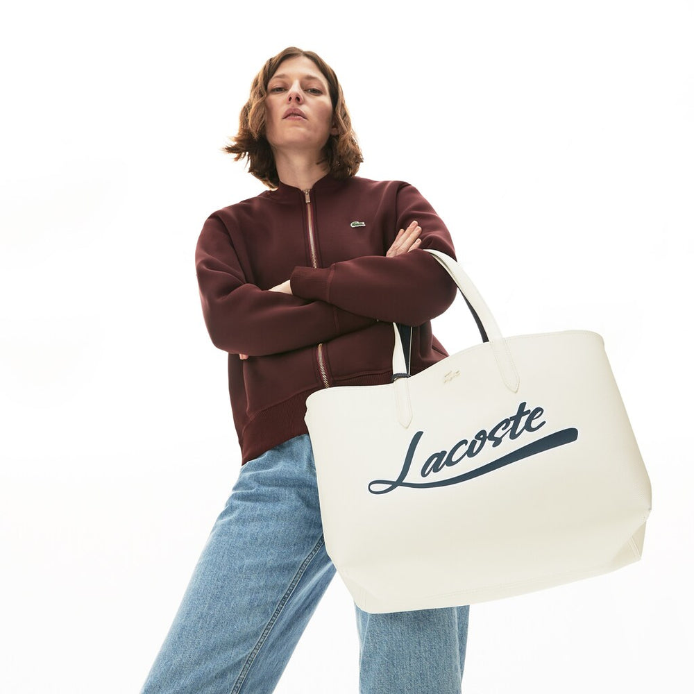 Womens Wo Anna Removable Pouch Signature Reversible Tote | Lacoste Typo Marshmallow Dark Sap • E38