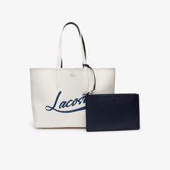 Womens Wo Anna Removable Pouch Signature Reversible Tote | Lacoste Typo Marshmallow Dark Sap • E38