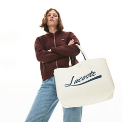 Womens Wo Anna Removable Pouch Signature Reversible Tote | Lacoste Typo Marshmallow Dark Sap • E38