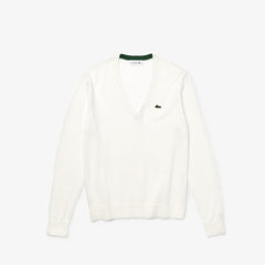 Womens Wo Solid Cotton V-Neck Sweater | Lacoste White • 70V