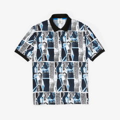 Mens Unisex LIVE Loose Fit Graphic Print Cotton Polo Shirt | Lacoste White / Blue / White • M3L