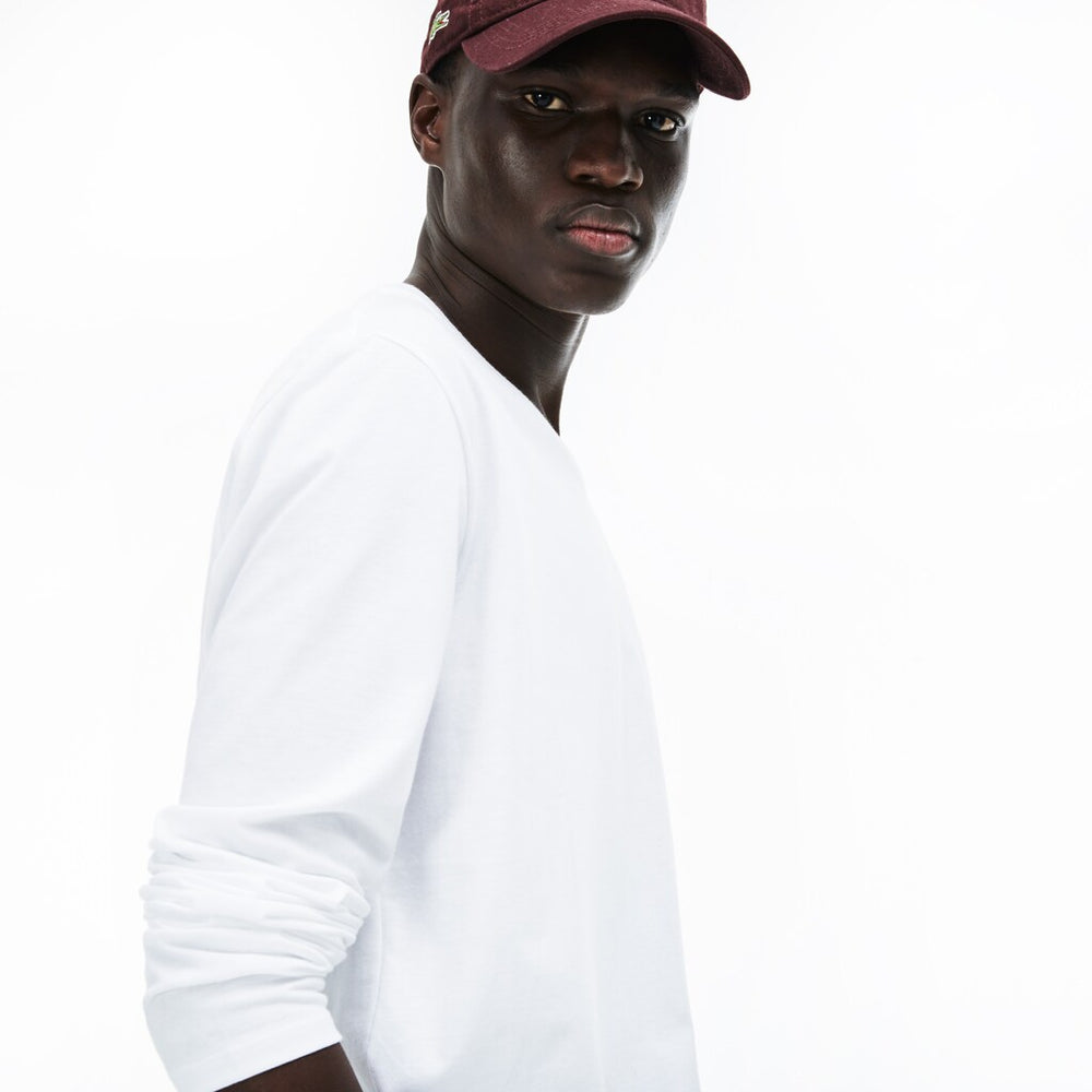 Mens   V-neck Pima Cotton Jersey T-shirt | Lacoste White • 001