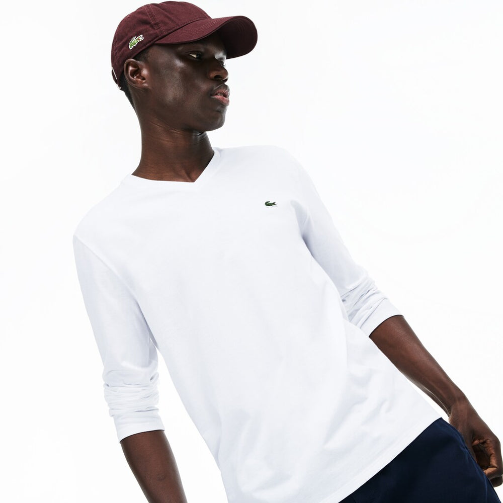 Mens   V-neck Pima Cotton Jersey T-shirt | Lacoste White • 001