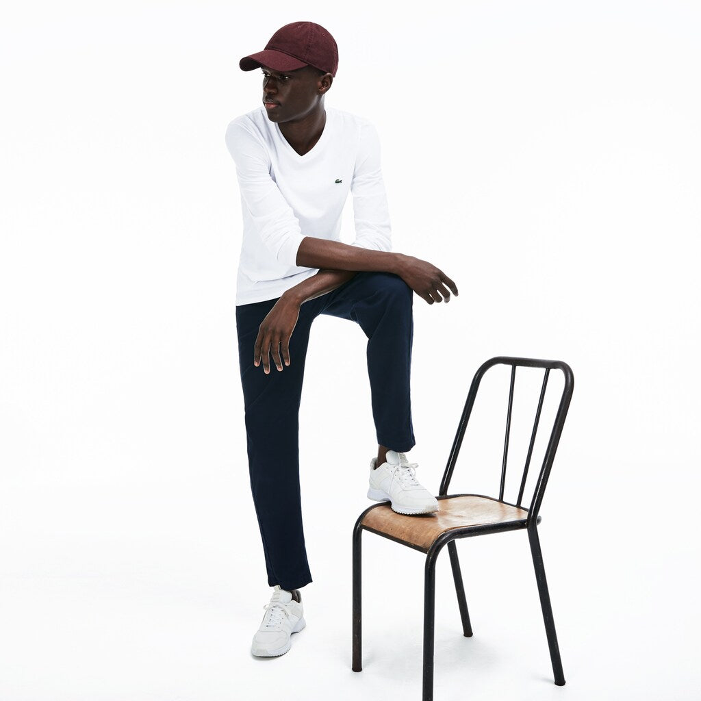 Mens   V-neck Pima Cotton Jersey T-shirt | Lacoste White • 001