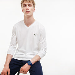 Mens   V-neck Pima Cotton Jersey T-shirt | Lacoste White • 001