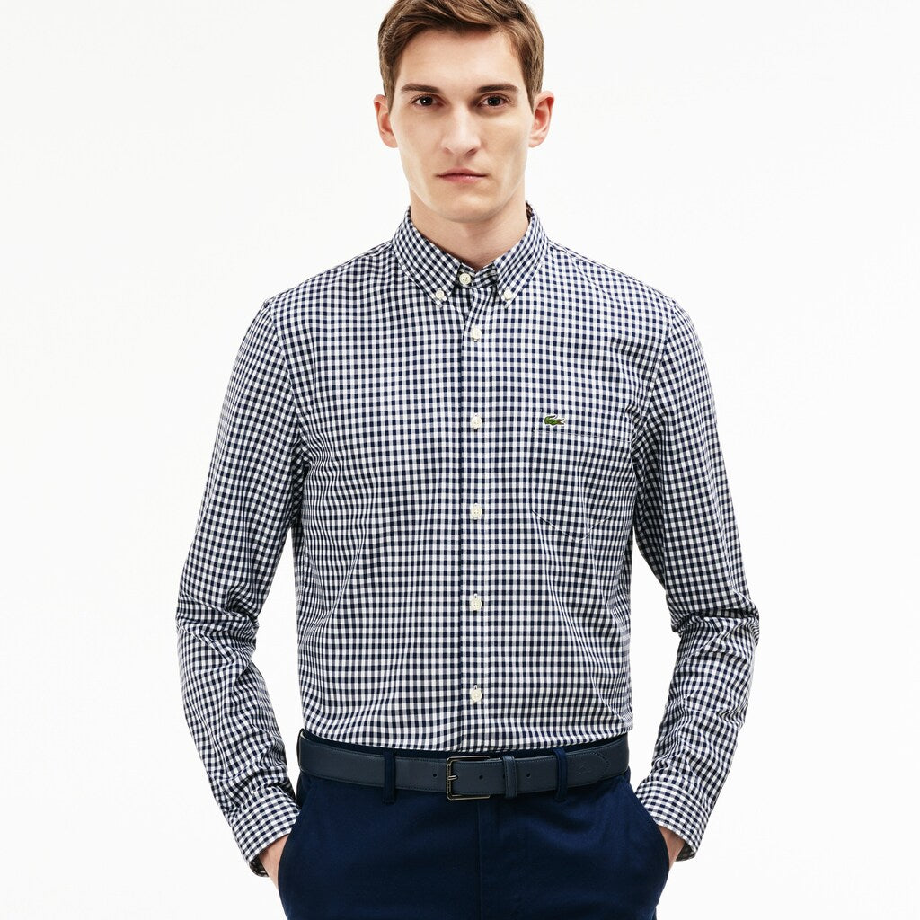 Mens   Regular Fit Mini Check Poplin Shirt | Lacoste Navy Blue / White • 525