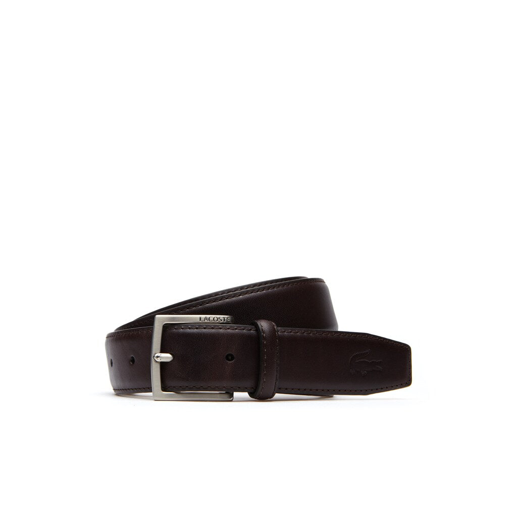 Mens   Engraved Tongue Buckle Leather Belt | Lacoste Brown • H70