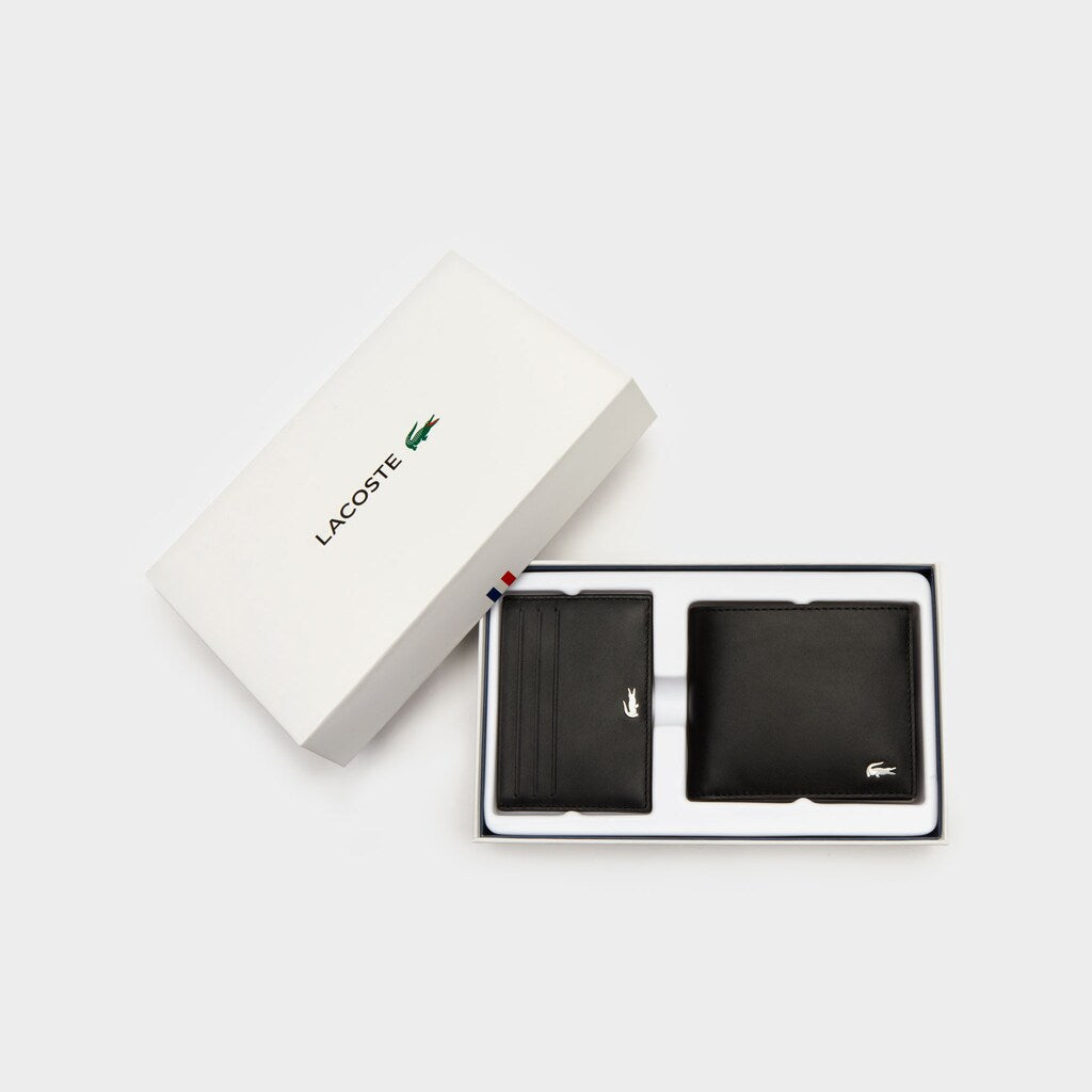 Mens   Leather Wallet and Card Holder Boxed Gift Set | Lacoste Black • 000