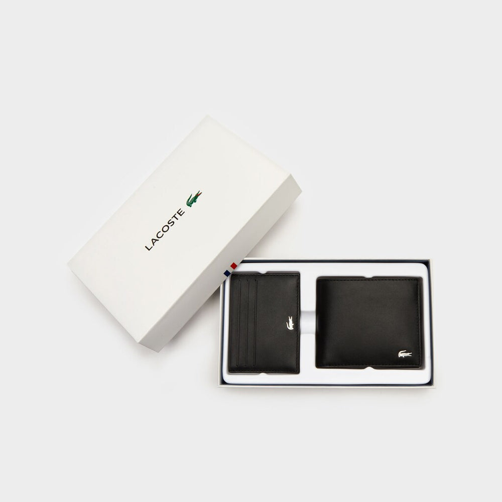 Mens   Leather Wallet and Card Holder Boxed Gift Set | Lacoste Black • 000