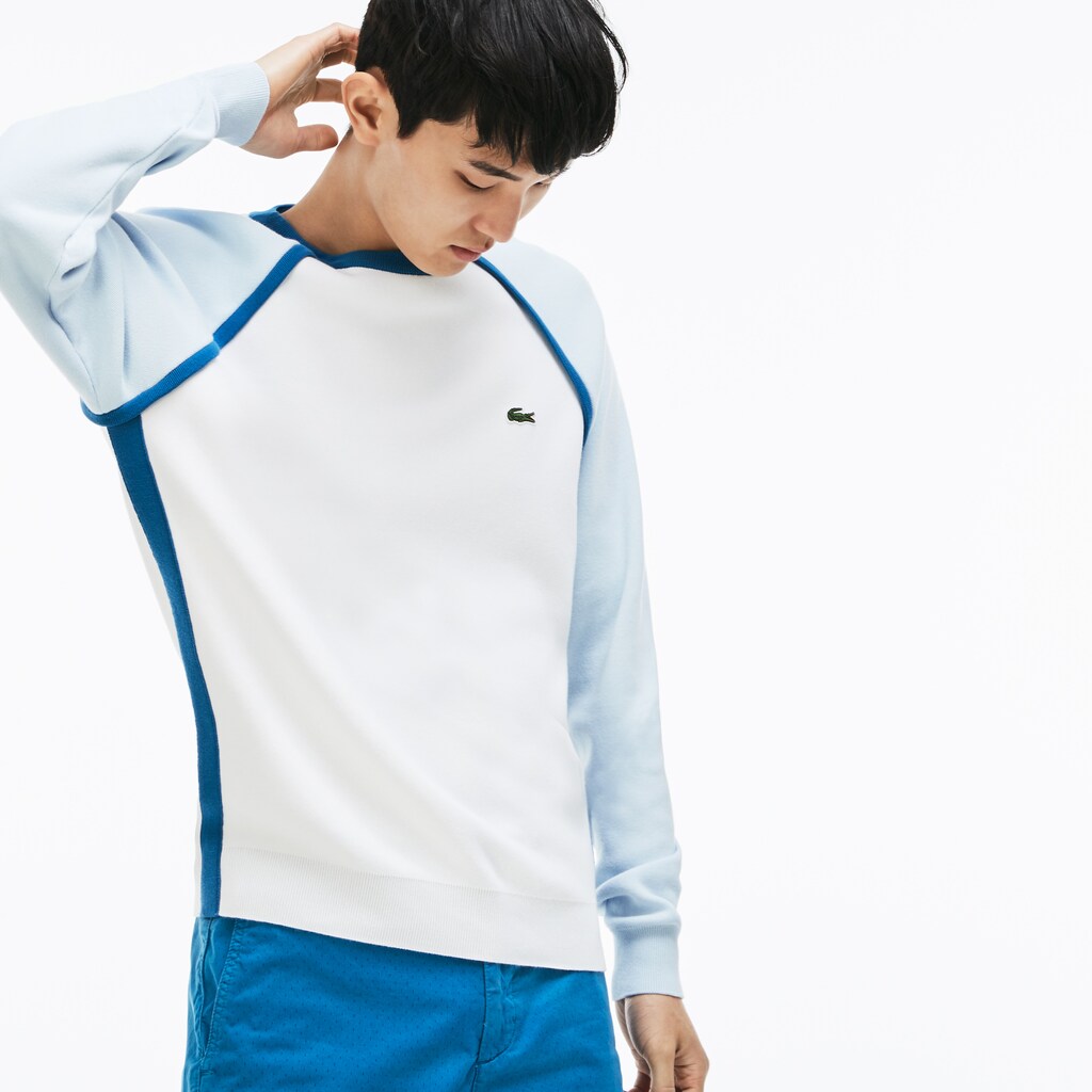 Mens   Made in France Crew Neck Sweater | Lacoste White / Light Blue / Blue • Le0