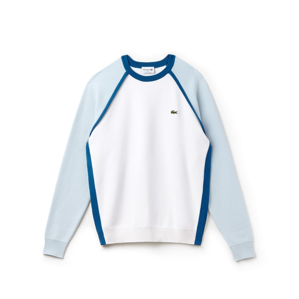 Mens   Made in France Crew Neck Sweater | Lacoste White / Light Blue / Blue • Le0