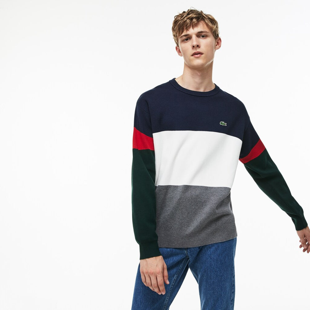 Mens   Crew Neck Colorblock Flat Ribbed Cotton Sweater | Lacoste Grey / White / Blue / Red / Green • Atb