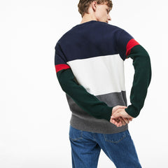 Mens   Crew Neck Colorblock Flat Ribbed Cotton Sweater | Lacoste Grey / White / Blue / Red / Green • Atb
