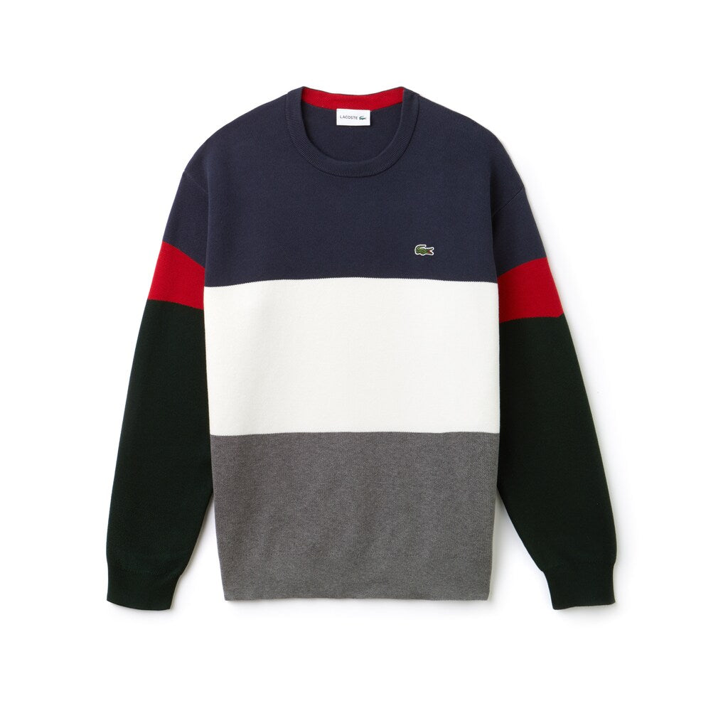 Mens   Crew Neck Colorblock Flat Ribbed Cotton Sweater | Lacoste Grey / White / Blue / Red / Green • Atb