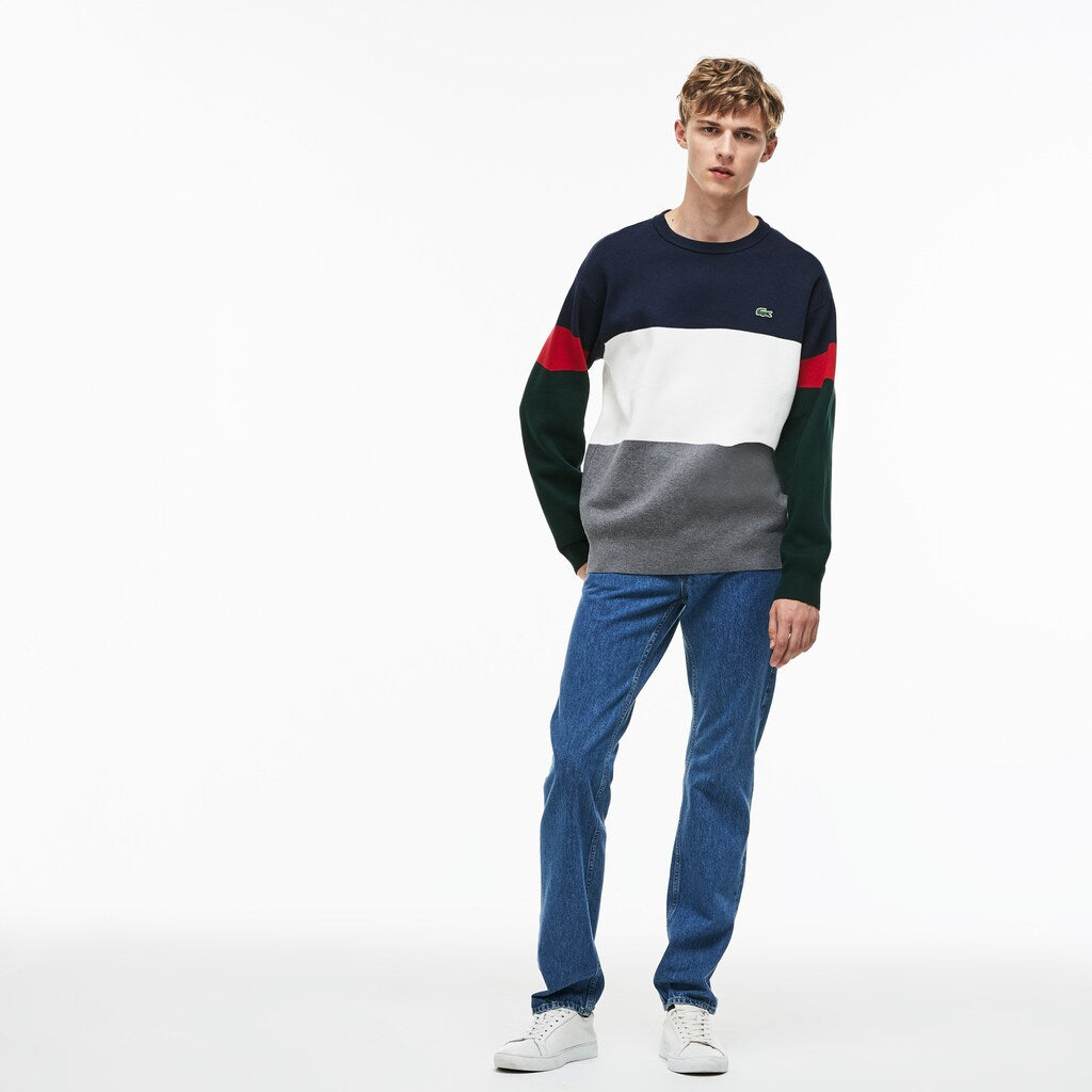 Mens   Crew Neck Colorblock Flat Ribbed Cotton Sweater | Lacoste Grey / White / Blue / Red / Green • Atb