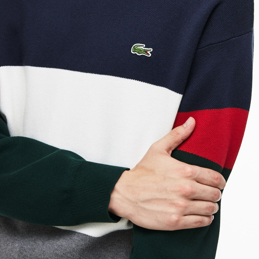 Mens   Crew Neck Colorblock Flat Ribbed Cotton Sweater | Lacoste Grey / White / Blue / Red / Green • Atb