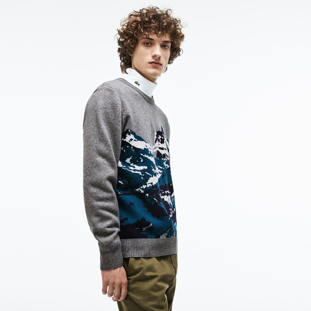 Mens   Crew Neck Alpine Print Wool And Cotton Jacquard Sweater | Lacoste Grey / Green / Blue / White • B5J