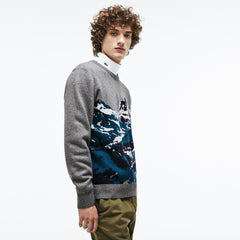 Mens   Crew Neck Alpine Print Wool And Cotton Jacquard Sweater | Lacoste Grey / Green / Blue / White • B5J
